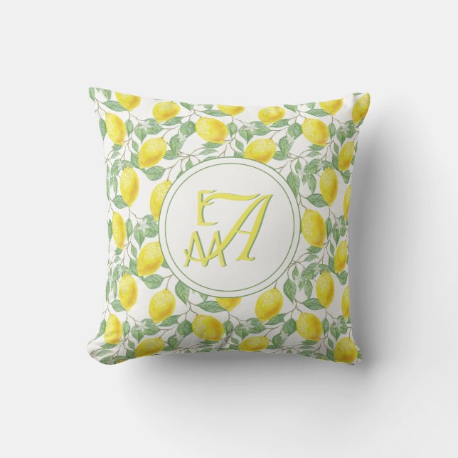Lemon Tree Monogram Pattern Yellow Green Decor Cushion (Front)