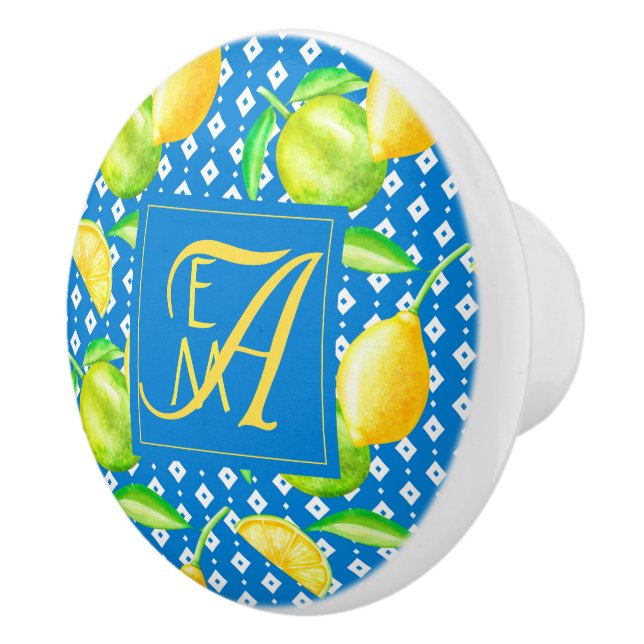 Lemon Tree Ocean Blue MONOGRAM Newlyweds Wedding Ceramic Knob (Right)