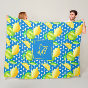 Lemon Tree Ocean Blue MONOGRAM Newlyweds Wedding Fleece Blanket
