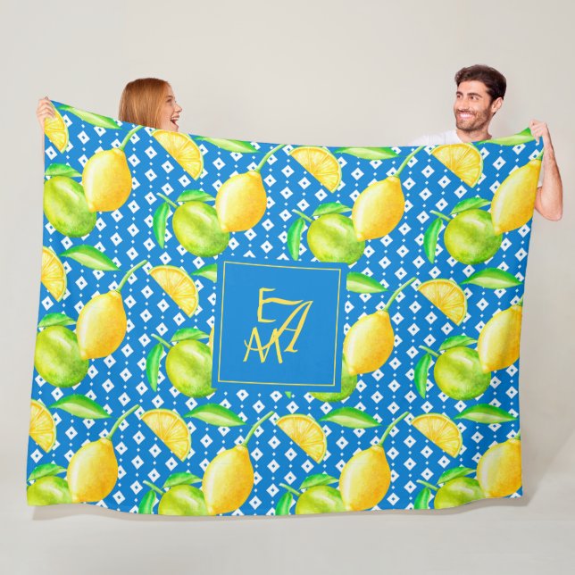 Lemon Tree Ocean Blue MONOGRAM Newlyweds Wedding Fleece Blanket (In Situ)