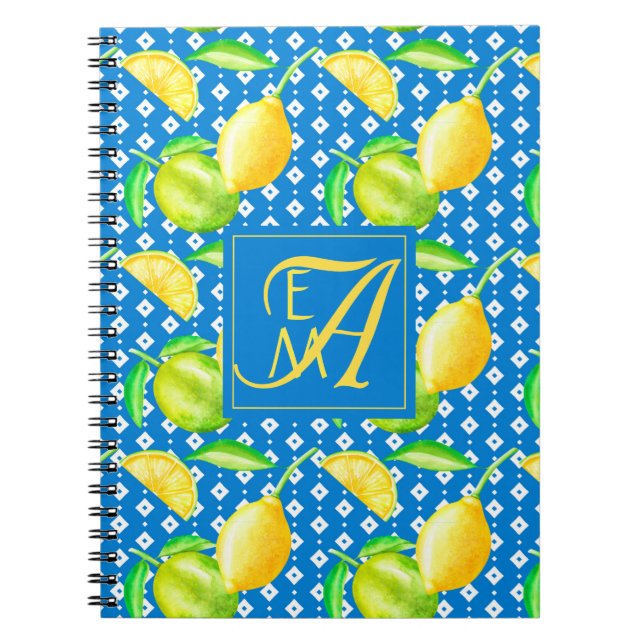 Lemon Tree Ocean Blue MONOGRAM Newlyweds Wedding Notebook (Front)