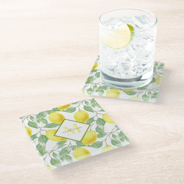 Lemon Tree Pattern Name and Watercolor Monogram Glass Coaster (Angled)