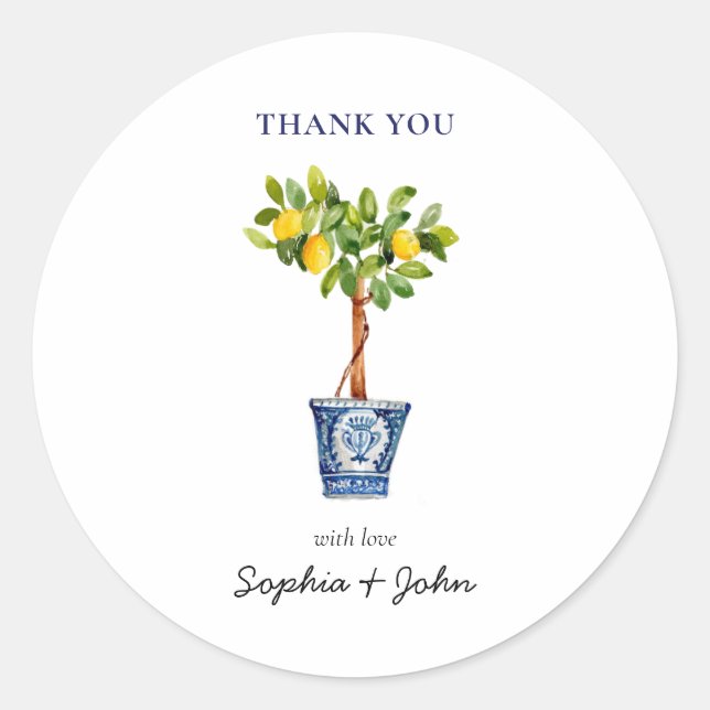 Lemon tree topiary Thank You Wedding  Classic Round Sticker (Front)