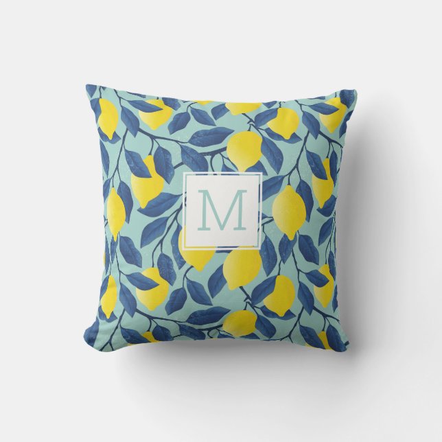 Lemon Tree Tropical Citrus Fruit Custom Monogram Cushion (Front)