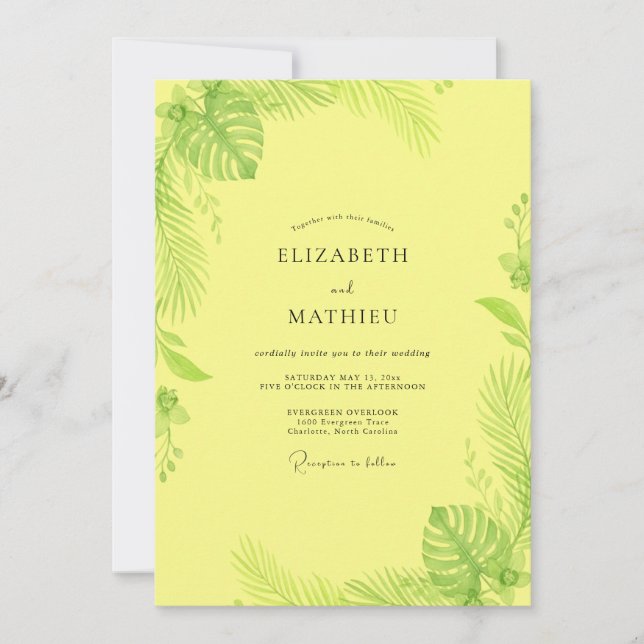 Lemon Tropical Monstera Eucalyptus Wedding Invitation (Front)