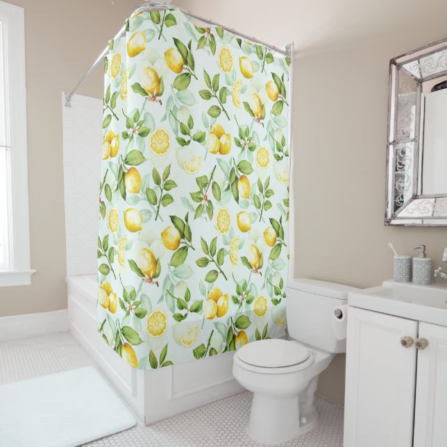Lemon Tropical Summer Fruit Pattern on Mint Shower Curtain (In Situ)