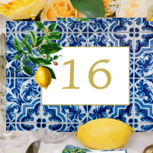 Lemon Tuscan Tile Blue White Wedding Table Number