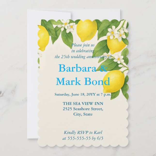 Lemon Watercolor 25th Wedding Anniversary  Invitation (Front)