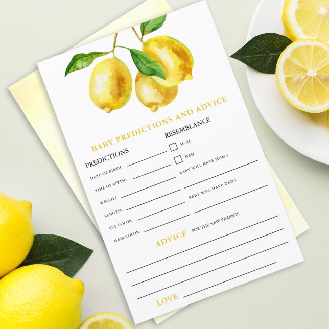 Lemon Watercolor Baby Predictions Advice Game (Lemon drop watercolor baby advice and predictions baby shower activity. Games for Baby Showers.)