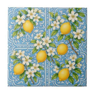 Lemon Watercolor Blue Mediterranean Pattern Tile