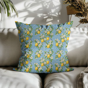 Lemon Watercolor Blue Mediterranean Tile Pattern Cushion
