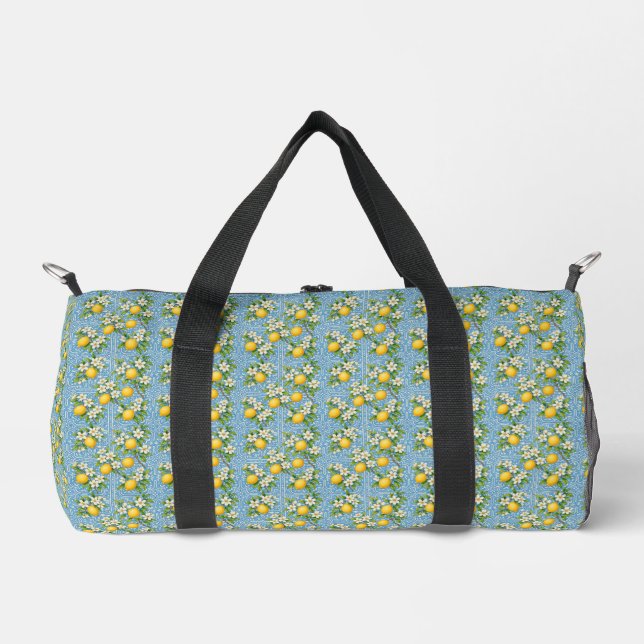 Lemon Watercolor Blue Mediterranean Tile Pattern Duffle Bag (Front)