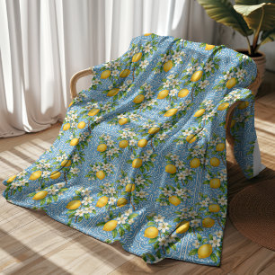 Lemon Watercolor Blue Mediterranean Tile Pattern Fleece Blanket