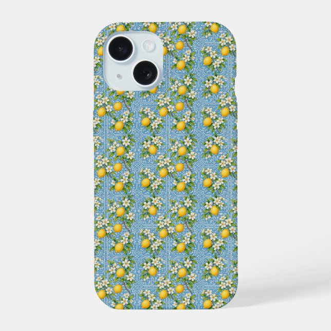 Lemon Watercolor Blue Mediterranean Tile Pattern iPhone 15 Case (Back)
