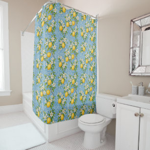 Lemon Watercolor Blue Mediterranean Tile Pattern Shower Curtain