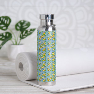 Lemon Watercolor Blue Mediterranean Tile Pattern Water Bottle