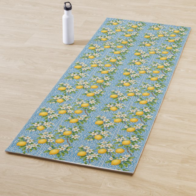 Lemon Watercolor Blue Mediterranean Tile Pattern Yoga Mat (In Situ)