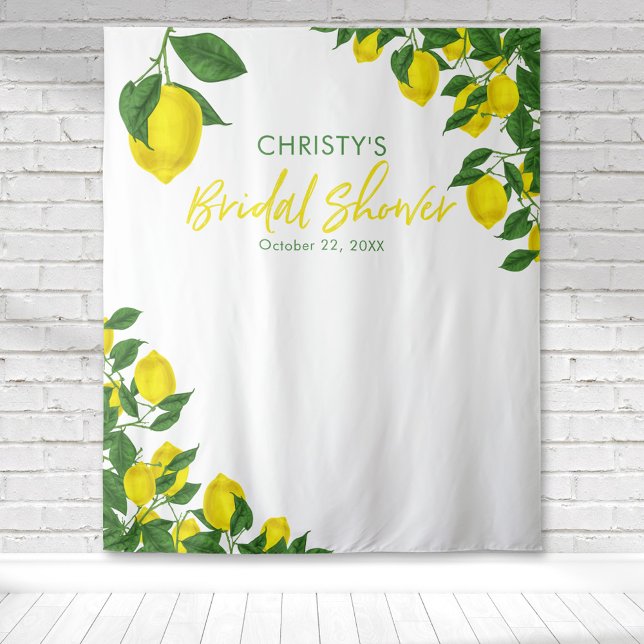 Lemon Watercolor Bridal Shower Backdrop Tapestry (Bright lemon corners with a single lemon creating a beautiful citrus themed bridal shower tapestry)