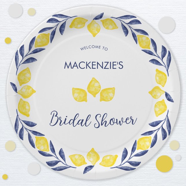 Lemon Watercolor Bridal Shower Personalised Paper Plate (Blue, yellow and white watercolor lemon personalized bridal shower paper plates)