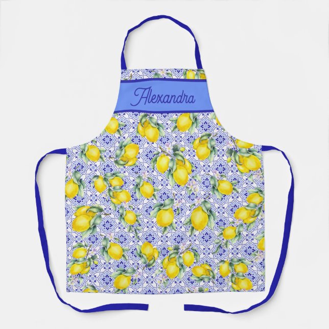 Lemon Watercolor French Country Tile Name Pattern Apron (Front)