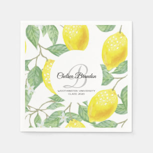 Lemon Watercolor Leaf Graduate Party Paper Napkin