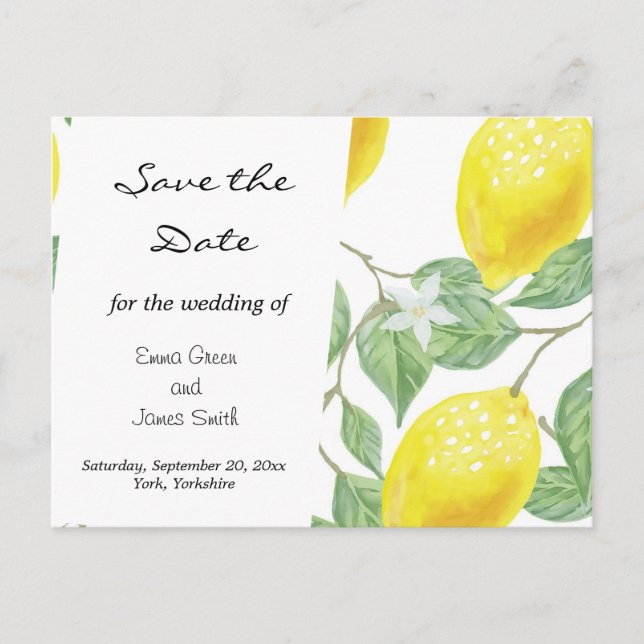 Lemon Watercolor Leaves Save the Date  Postcard (Front)
