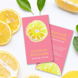 Lemon Watercolor Modern Pink Background Business Card