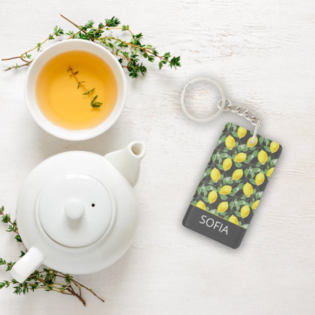 Lemon watercolor pattern custom name yellow grey key ring (Creator Uploaded)