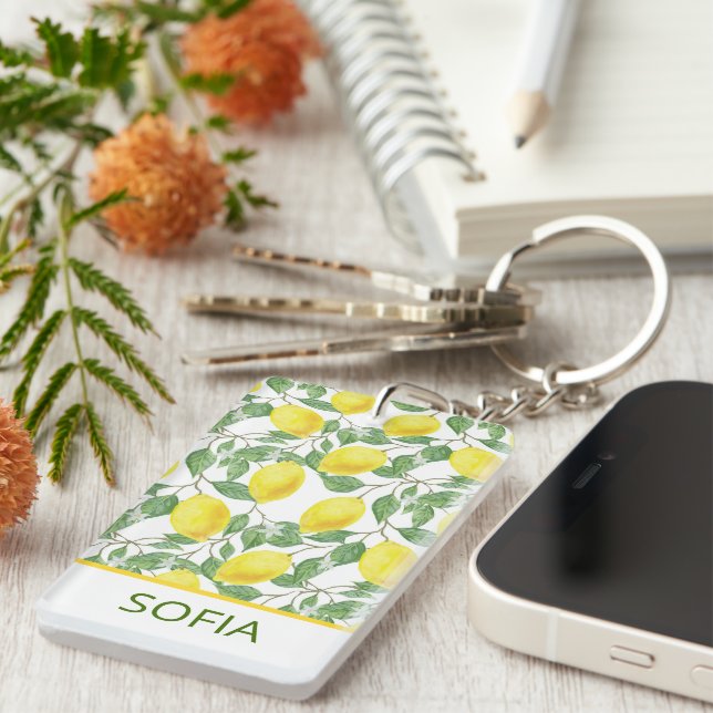 Lemon watercolor pattern custom name yellow key ring (Front Right)