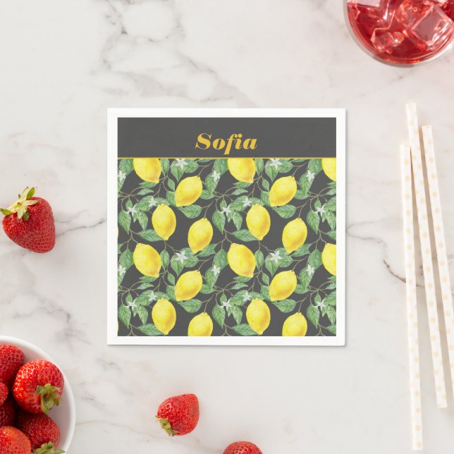 Lemon watercolor pattern custom yellow grey napkin (Insitu)