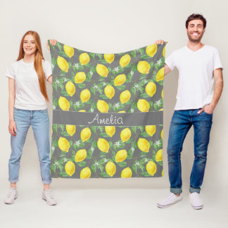 Lemon watercolor pattern cute girl grey fleece blanket