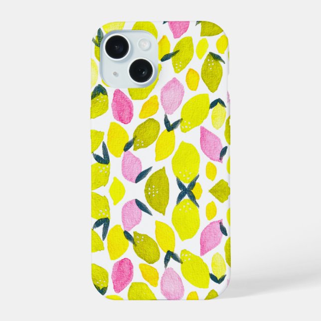 Lemon watercolor pattern iPhone 15 case (Back)