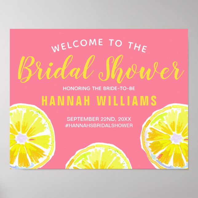 Lemon Watercolor Pink Bridal Shower Welcome Poster (Front)