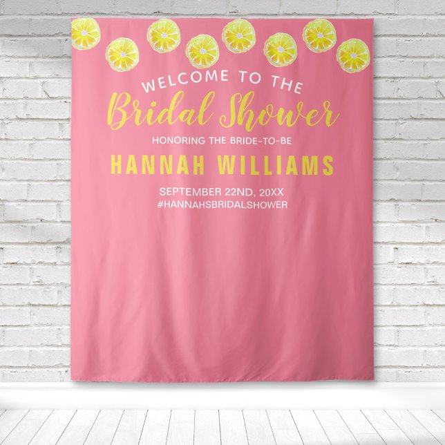 Lemon Watercolor Pink Bridal Shower Welcome Tapestry (Lemon slices for a bridal shower welcome tapestry with a pink background that is perfect for photos.)