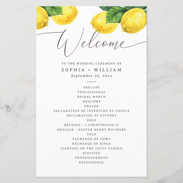 Lemon Watercolor Wedding | Citrus Garden Program (Front)