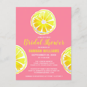 Lemon Watercolor with Pink Bridal Shower Invitatio Postcard