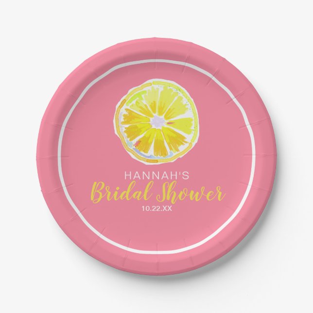 Lemon Watercolor with Pink Bridal Shower Paper Plate (Front)