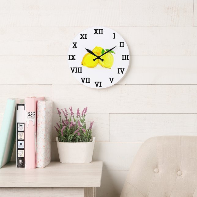 Lemon Watercolor Yellow Fruit Summer Citrus Large Clock (Reading Room)