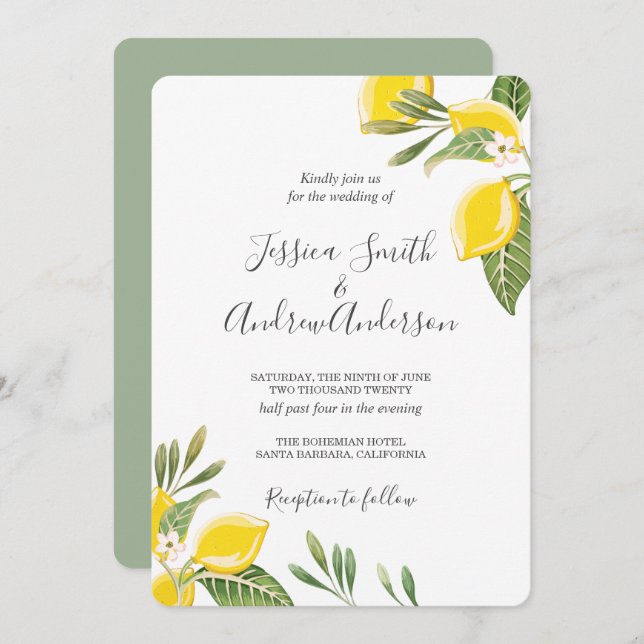 Lemon Wedding Invitation Bohemian Flowers Citrus (Front/Back)