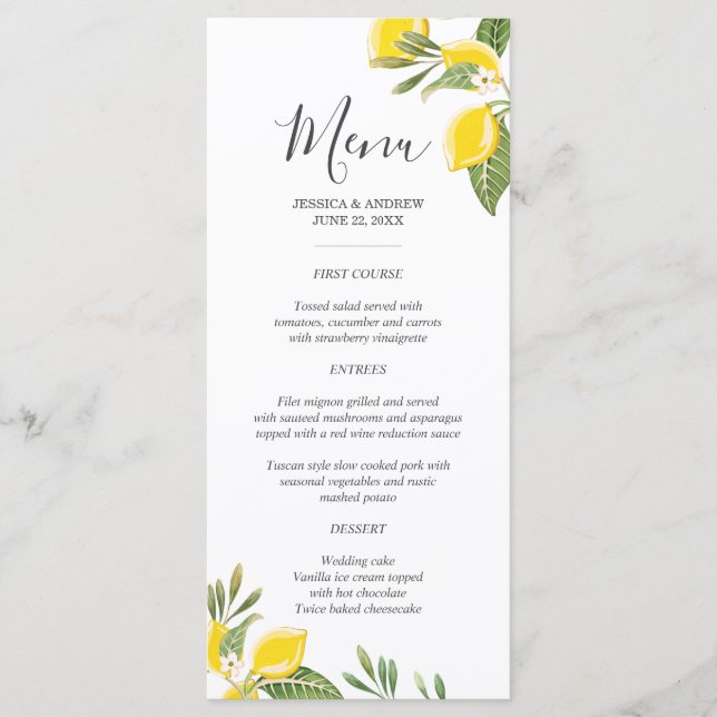 Lemon Wedding Menu Foliage Elegant Citrus Rustic (Front)