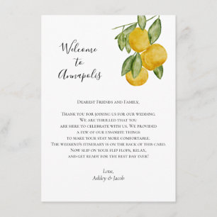 Lemon Wedding Welcome Letter, Wedding Itinerary Enclosure Card
