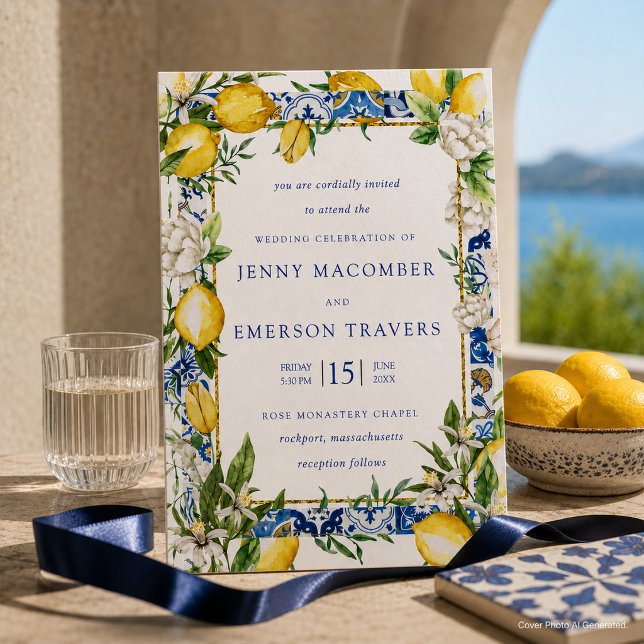 Lemon White Floral Blue Mosaic Tile Wedding  Invitation (Creator Uploaded)
