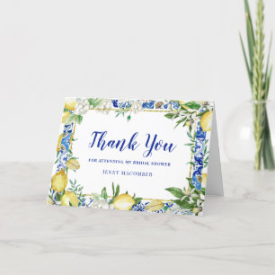 Lemon White Floral Blue Tile Photo Folded Thank You Card