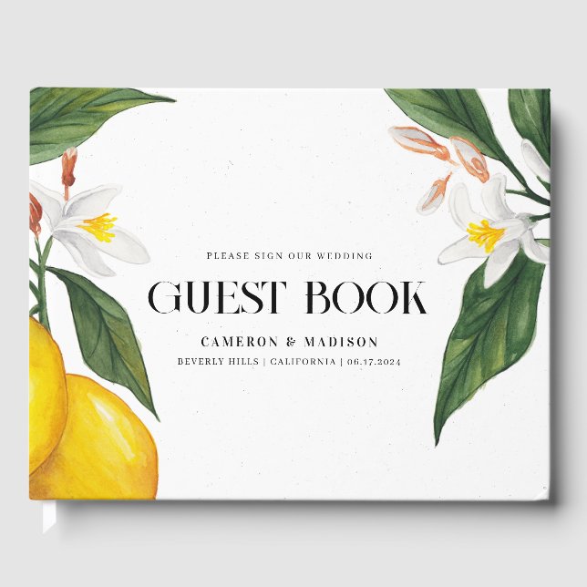 Lemon White Flower Watercolor Wedding Guest Book (Front)