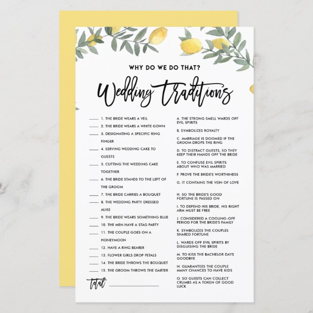Lemon Why Do We Do That Wedding Traditions Game (Front/Back)