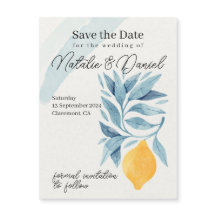 Lemon with blue leaves botanical illustration