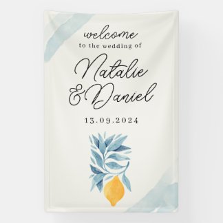 Lemon with blue leaves botanical illustration banner