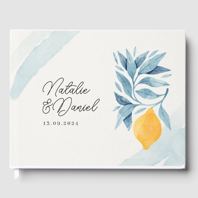 Lemon with blue leaves botanical illustration guest book (Front)
