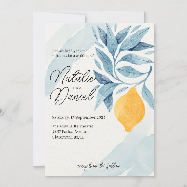 Lemon with blue leaves botanical illustration invitation (Front)