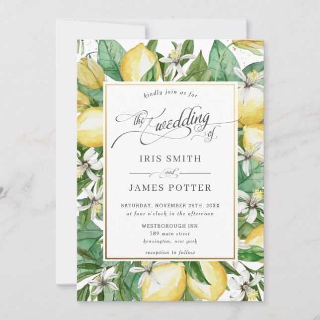 Lemon Wreath Mediterranean Summer Greenery Wedding Invitation (Front)